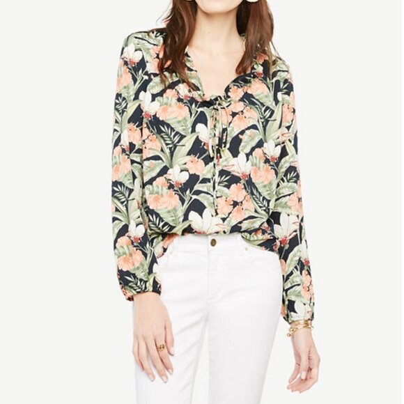 Ann Taylor Island Floral Ruffle Tie Neck Blouse - Picture 1 of 10